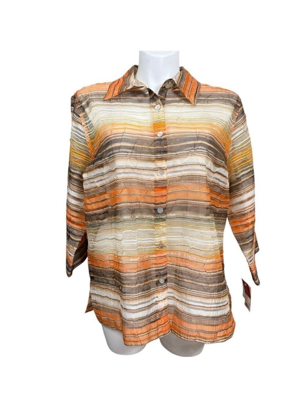 Choices‎ Woman NWT Striped Sheer Button Front Blouse Orange Brown 2X